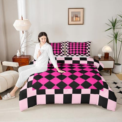 Feelyou Checkered Geometric Comforter Set All Season Rose Pink Plaid Bedding Set with 1 Pillow Cases Checkerboard Modern Aesthetic Kids Twin Bedclothes Reversible Pink Bedroom Decor Duvet Quilt