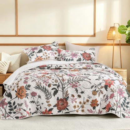 Litanika Floral White Quilt Queen - 3Pcs Botanical Birds Bed Set