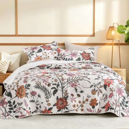 Litanika Floral White Quilt California King - 3Pcs Botanical Birds Bedding