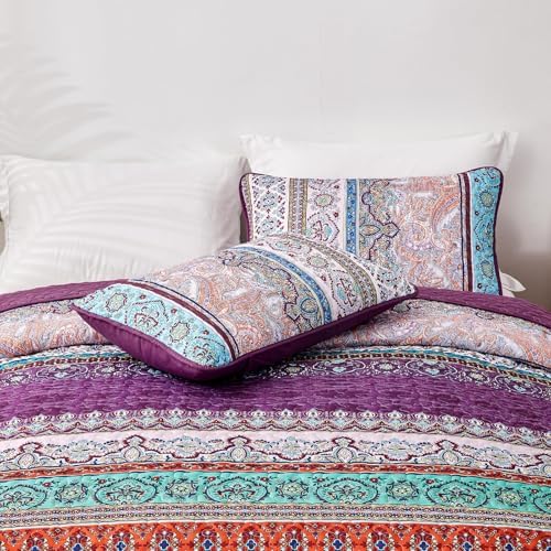 WONGS BEDDING Purple Quilt California King Size, Boho Stripe Bedding Set