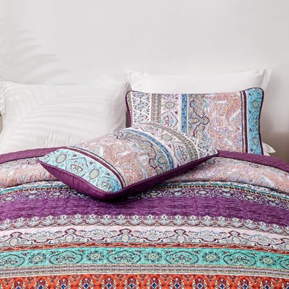 WONGS BEDDING Purple Quilt California King Size, Boho Stripe Bedding Set