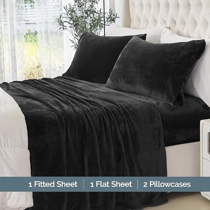 Elegant Comfort Luxuriously Soft 4-Piece Velvet Plush Flannel Sheet Set - Premium Quality - Cozy Warm, Anti-Static, Non Pilling Fuzzy Velvet Flannel Fleece Deep Pocket Sheet Set - Cal King, Black