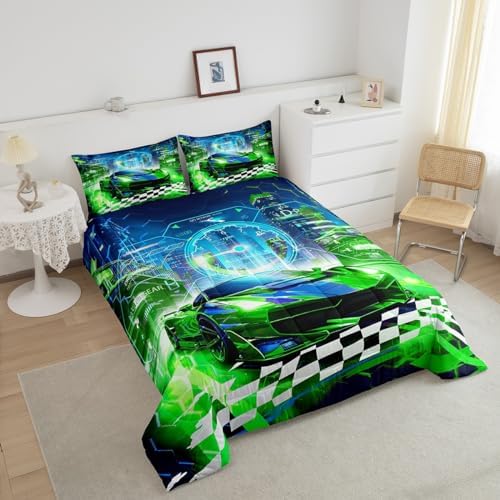 Feelyou Boys Green Race Car Queen Size Bedding Set Kids Racing Car Decor Comforter Extreme Sports Car Comforter Set for Teens Honeycomb Grid Car Comforter Quilt Set Car Room Decorations