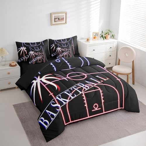 Erosebridal Basketball Bedding Comforter Sets 7pcs for Boys Room Sport Bed in a Bag, Glowing Basketball Court King Bedding Sets Sports Gamer Comforter Set, Navy Pink Red Bedding Sets & Collections