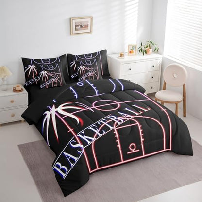 Erosebridal Basketball Bedding Comforter Sets 7pcs for Boys Room Sport Bed in a Bag, Glowing Basketball Court King Bedding Sets Sports Gamer Comforter Set, Navy Pink Red Bedding Sets & Collections
