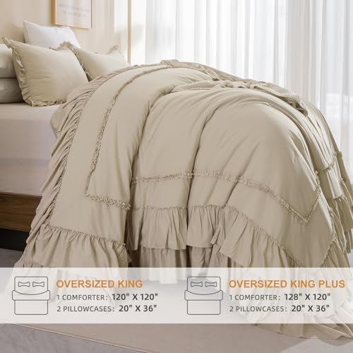 Masaca Oversized King Comforter 128x120,Farmhouse Shabby Boho Chic Ruffled Bedding Comforter Set,3pcs Extra Large King Size Wheat Ruffle Comforter Sets French Country Bedding Set Ultra Soft