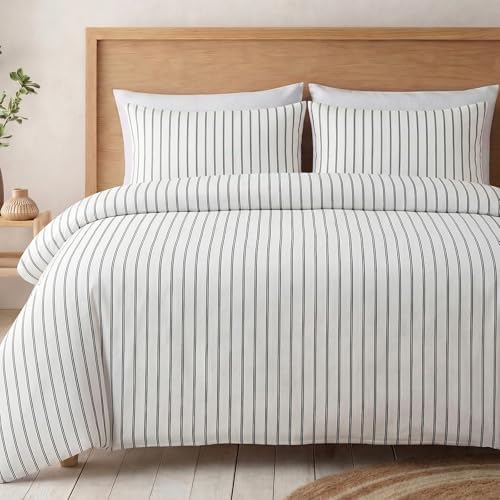 Bedbay Cotton Striped Duvet Cover Set Queen Size, Black White Stripe Bedding Set, 100% Cotton Sateen,Soft Breathable Hotel Style Minimal Comforter Cover with Zipper Closure & Corner Ties