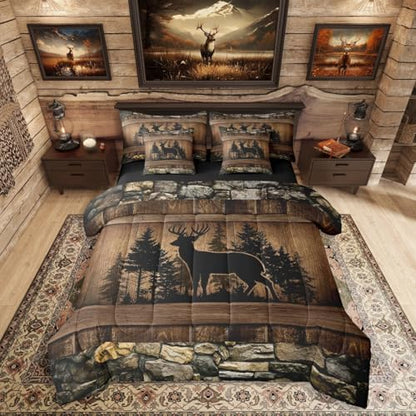 Erosebridal 7 Piece Rustic Deer Full Comforter Set with Sheets Farmhouse Cabin Bedding Sets | for Kids Boys Teen Men Hunting Wildlife Deer Theme Bed in A Bag Country Lodge Western Bed Set Brown