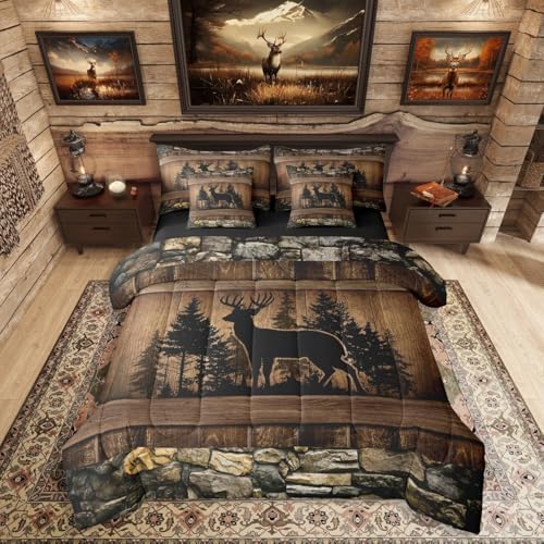 Erosebridal 7 Piece Rustic Deer King Comforter Set with Sheets Farmhouse Cabin Bedding Sets | for Kids Boys Teen Men Hunting Wildlife Deer Theme Bed in A Bag Country Lodge Western Bed Set Brown