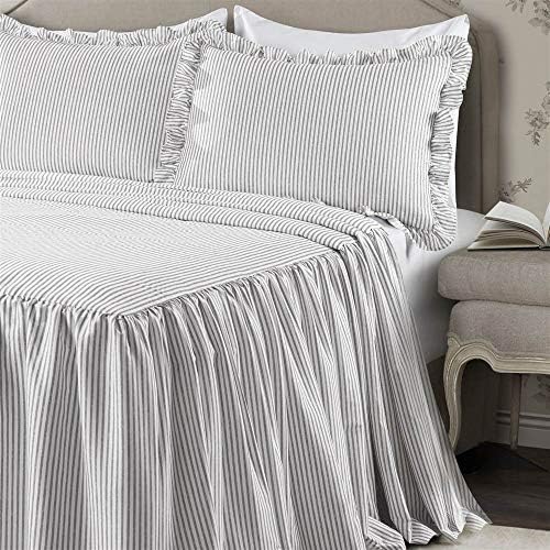 Lush Decor Ticking Stripe Bedspread Queen Size 3 Piece Set Gray - Ruffle Bedding Set Queen Bedspreads - Striped Bedding - Farmhouse & Coquette Decor