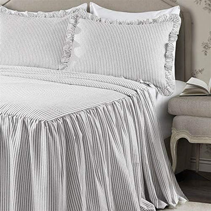 Lush Decor Ticking Stripe Bedspread Queen Size 3 Piece Set Gray - Ruffle Bedding Set Queen Bedspreads - Striped Bedding - Farmhouse & Coquette Decor