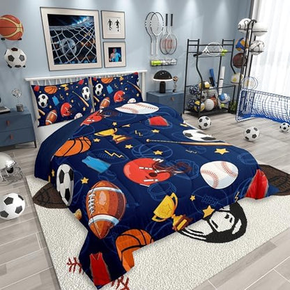 jejeloiu Sports Theme Kids Comforter Set Toddler Size Basketball Soccer Baseball Football Bedding Set Gaming Sports Duvet Quilt for Kids Boys Girls Bedroom Ball Games Decor Microfiber Ultra Breathable