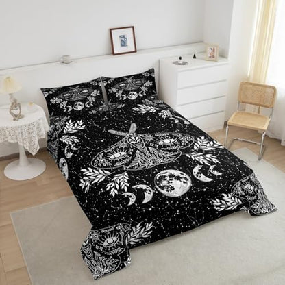 Erosebridal Gothic Moth Comforter Set King Size Skeleton Halloween Boho Death Moth Decor Quilted Duvet Animal Skeleton Skull Down Comforter Bohemian Sun and Moon Duvet Insert with 2 Pillowcases