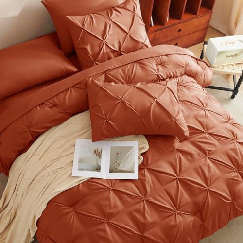 HIMEET Full Size Comforter Set Burnt Orange - 7 Pieces Pintuck Bed in a Bag