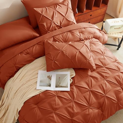 HIMEET Full Size Comforter Set Burnt Orange - 7 Pieces Pintuck Bed in a Bag