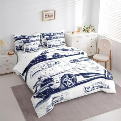 Feelyou Navy Blue Race Car Comforter Set with Sheets 7 Piece King Size Speed Sports Car Bedding Set for Kids Boys Girls Extreme Sports Bed in a Bag Room Decor Soft Lightweight Microfiber