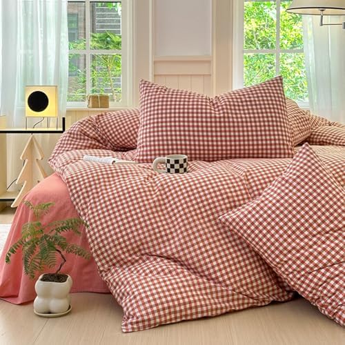LifeTB Twin XL Comforter Set Red Orange Gingham Comforter with 2 Pillowcases Modern Style Grid Plaid Comforter Set Fluffy Soft Lightweight Gingham Bedding Set Fluffy Checkered Comforter Twin XL