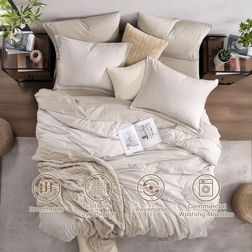 Monbix Oversized Queen Comforter Set 7 Pieces Oatmeal Beige Bed in a Bag