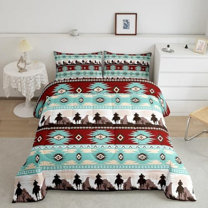 Feelyou Boho Comforter Set Queen Size Horses Comforter Southwestern Native Aztec Bedding Set Farmhouse Wildlife Duvet Set Room Decor Light Blue Quilt Set
