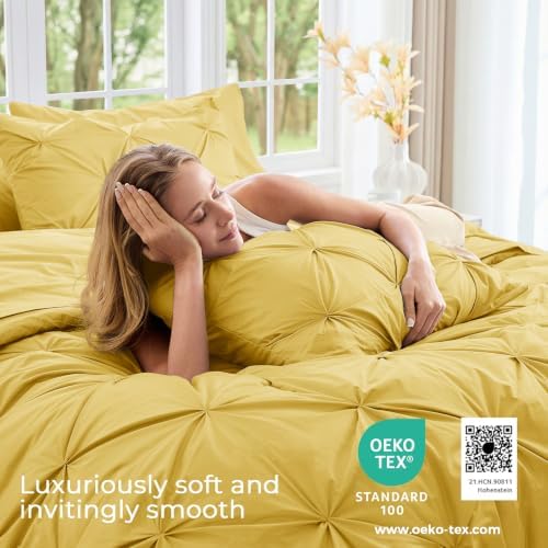 Sasttie Queen Comforter Set, 7-Piece Bed in a Bag, Pintuck Bedding Sets for All Season, Includes Comforter, Flat Sheet, Fitted Sheet, Pillowcases and Pillowshams, Mustard Yellow