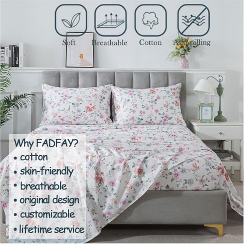 FADFAY King Sheets Set Percale Cotton Floral Bed Sheets Deep Pocket Fitted Sheet, Luxury Morning Glories Floral Printed Shabby Bedding for All Season, Super Soft Crisp & Breathe,4pcs