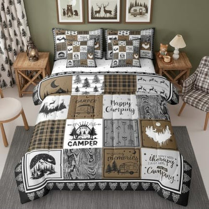 Erosebridal 7 Piece Kids Camping Comforter Set Twin,Rv Camper Bedding Set for Bunks Travel Trailers,Patchwork Buffalo Plaid Bed in a Bag with Sheets,Woodland Pine Tree Bed Set with Pillowcases