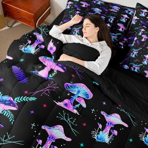 Erosebridal Cute Mushroom Queen Comforter Set with Sheets 7 piece Glowing Mushrooms Bed in A Bag Country Farmhouse Plant Bedding Sets for Kids Boys Girls,Galaxy Starry Sky Bed Set