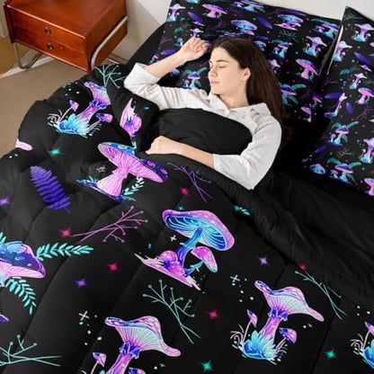 Erosebridal Cute Mushroom Queen Comforter Set with Sheets 7 piece Glowing Mushrooms Bed in A Bag Country Farmhouse Plant Bedding Sets for Kids Boys Girls,Galaxy Starry Sky Bed Set