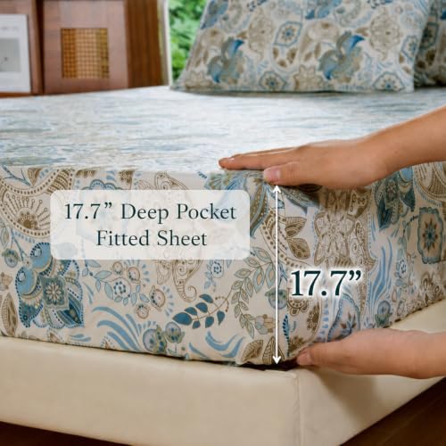 FADFAY Queen 100% Egyptian Cotton Blue Paisley Sheets Set 4 Piece, Vintage Botanical Cottagecore Floral Bedding, Luxury Soft Breathable Farmhouse Bedding with Deep Pocket Fitted Sheet for All Seasons