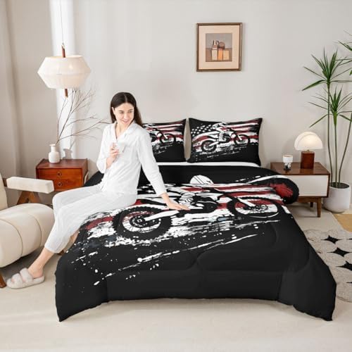 Feelyou Dirt Bike Comforter Set King Size Splatter Print Bedding Set for Kids Boys Girls Off-Road Racing Duvet Quilt Outdoor Sports Bedroom Decor Motocross Rider Microfiber 3 Pcs with 2 Pillow Cases