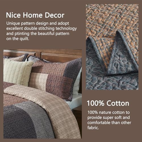 Finlonte 100% Cotton Queen Quilt Set, Farmhouse Plaid Queen Quilted Bedspread, Brown Lightweight Reversible Comforter Bedding Set for All Season, 3-Piece