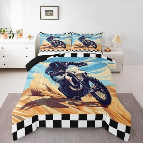 Feelyou Desert Motocross Rider Bedding Set Soft for Boys Girls,Dark Gear Dirt Bike Comforter Set Full Sand Track Design Duvet Quilt Checkered Flag Off-Road Racing Design 3 Pcs with 2 Pillow Cases