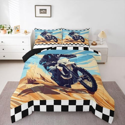 Feelyou Desert Motocross Rider Bedding Set Soft for Boys Girls,Dark Gear Dirt Bike Comforter Set Queen Sand Track Design Duvet Quilt Checkered Flag Off-Road Racing Design 3 Pcs with 2 Pillow Cases