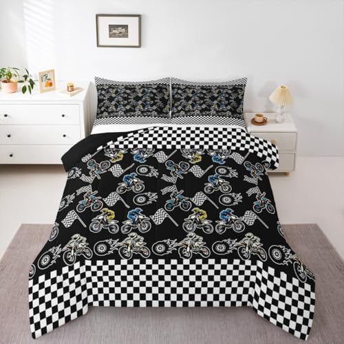 Feelyou Dirt Bike Bedding Set Soft for Boys Girls, Motorbike Comforter Set Queen Size Racing Motocross Rider Duvet Quilt Microfiber Motorcycle Bedroom Decor Extreme Sports 3 Pcs with 2 Pillow Cases