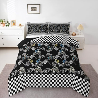 Feelyou Dirt Bike Bedding Set Soft for Boys Girls, Motorbike Comforter Set Queen Size Racing Motocross Rider Duvet Quilt Microfiber Motorcycle Bedroom Decor Extreme Sports 3 Pcs with 2 Pillow Cases