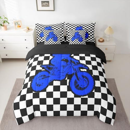 Feelyou Red Motocross Rider King Comforter Set with Sheets for Kids Boys Girls Sporty Rider 7 Pieces Bedding Set Checkered Flag Bed in a Bag Off-Road Racing Room Decor Dirt Bike Soft Lightweight