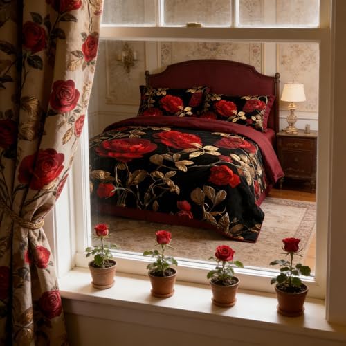 CCoutueChen Vintage Floral Comforter Set Full Size, Red and Black Bedding Set with Gold Botanical Leaves, Dark Burgundy Soft Microfiber Comforter for Adult Women, 3Pcs 2 Pillowcases / 79"x90"