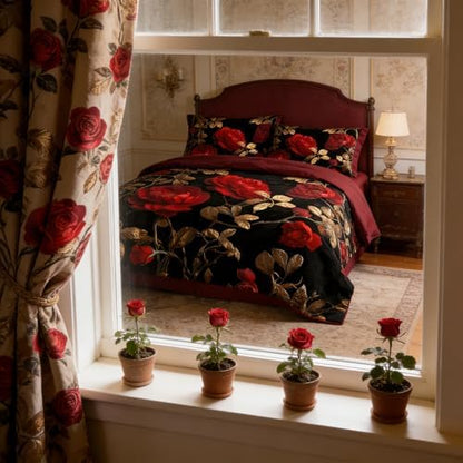 CCoutueChen Vintage Floral Comforter Set Full Size, Red and Black Bedding Set with Gold Botanical Leaves, Dark Burgundy Soft Microfiber Comforter for Adult Women, 3Pcs 2 Pillowcases / 79"x90"