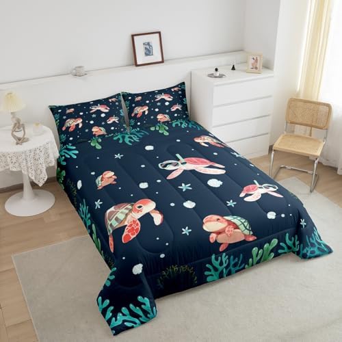 Homewish Cartoon Turtle Comforter Set Full Size,Shell Coral Bedding Sets 3Pcs for Kids Girls Boys Teens Room Decor,Diving Theme Sea Animals Quilt Set Blue Green Duvet Insert,2 Pillowcases