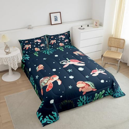 Homewish Cartoon Turtle Comforter Set Full Size,Shell Coral Bedding Sets 3Pcs for Kids Girls Boys Teens Room Decor,Diving Theme Sea Animals Quilt Set Blue Green Duvet Insert,2 Pillowcases