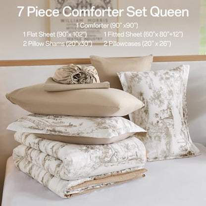 WONGS BEDDING Brown Comforter Set Queen Size, 7 Pieces Botanical Comforters with Sheets, Soft Microfiber Farmhouse Floral Complete Bedding Sets for All Season