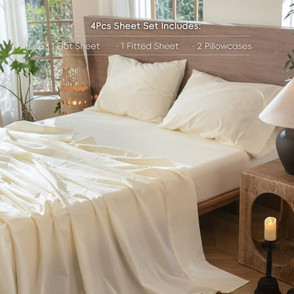MooMee Sheet Set 100% Washed Cotton Linen-Like Extra Deep Pocket Full