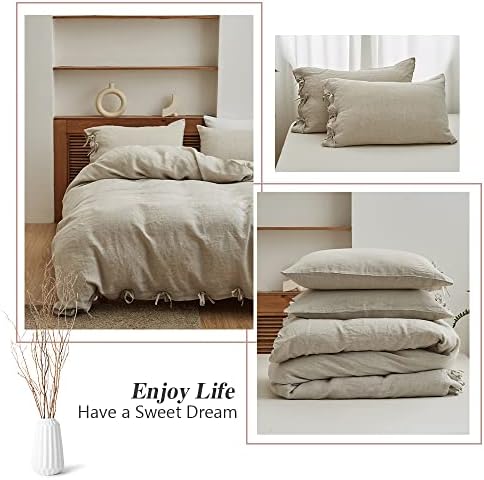 Simple&Opulence 100% Linen Duvet Cover Set 3pcs with Bowknot Ties Closure Natural French Washed Flax Solid Color Soft Breathable Farmhouse Bedding - Linen, Queen Size