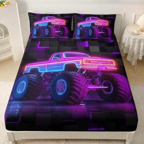 HOSIMA Boys Neon Truck Fitted Sheet Full,1 Fitted Sheet+2 Pillowcases.