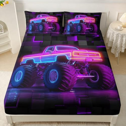 HOSIMA Boys Neon Truck Fitted Sheet Full,1 Fitted Sheet+2 Pillowcases.