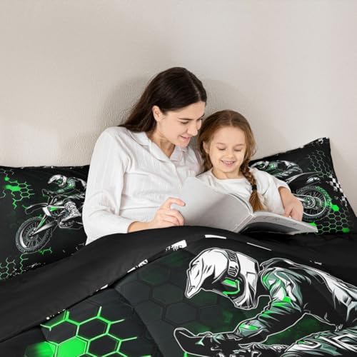 Castle Fairy Motocross Bedding Set King Size,Green Honeycomb Ombre Artwork Comforter Set for Adult Women Bedroom,Extreme Sport Game Ultra Soft Bedding Set with 2 Pillowcases,3Pcs