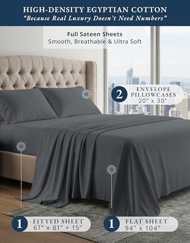 LANE LINEN Full Bed Sheets 100% Egyptian Cotton Sateen - Charcoal Swiss Dot