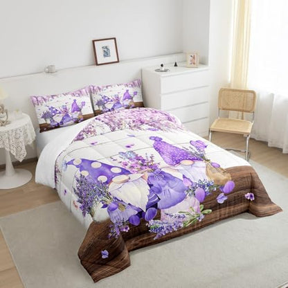 Manfei Cute Gnomes Comforter Set Full Size, Purple Vine Flower Butterfly Quilt Set with 2 Pillowcases, Lavender Bouquet Bedding Set 3pcs for Kids Boys Girls Grey Wood Plank Duvet Insert