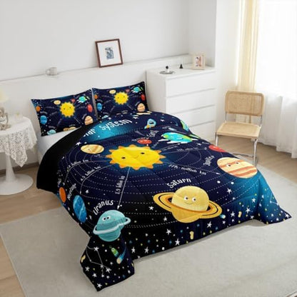 Erosebridal Outer Space Comforter Set Starry Sky Bedding Set Full Size for Kids Boys Girls Room Galaxy Planet Space Duvet Sets Solar System Cartoon Down Comforter 3 Pieces with 2 Pillow Cases, Blue