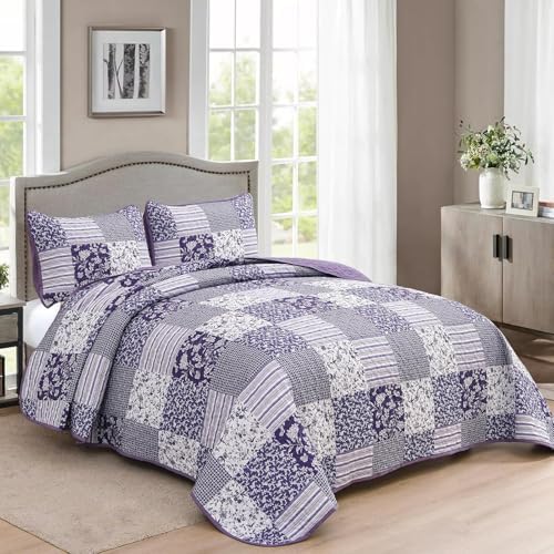 Mybedsoul Purple Quilt Set Full Size, Patchwork Floral Bedding Set